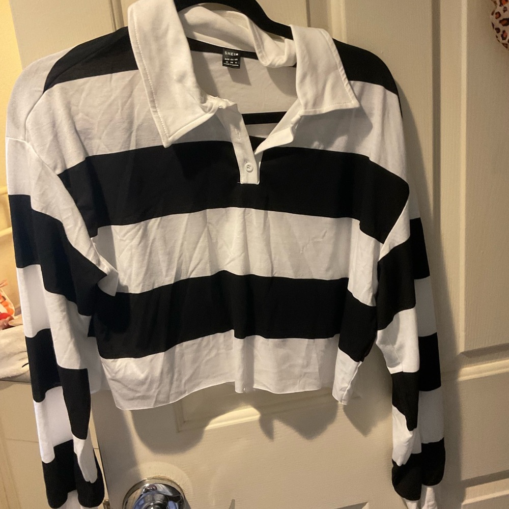 Black and White Striped Long Sleeve Polo Shirt